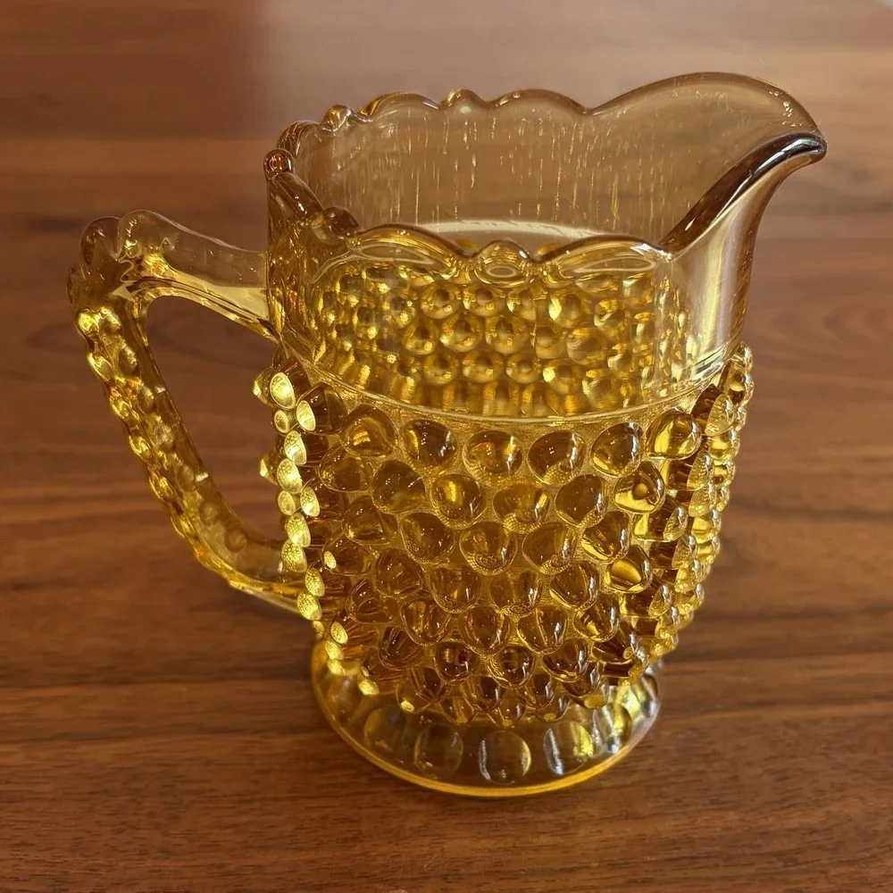 Vintage Hobbs Brockunier Amber Glass Ruffle Top Hobnail Pitcher 4